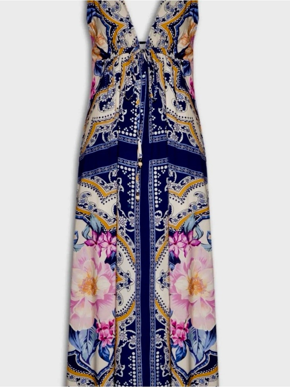 FARM Rio Navy, Pink & Gold Floral V‑Neck Maxi Dress